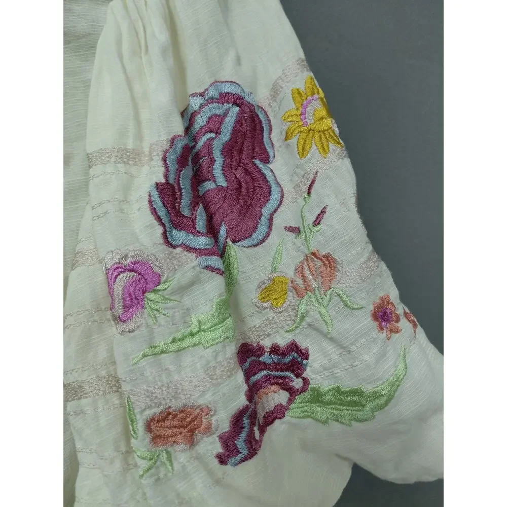 Free People White Peasant Embroidered Crochet 3/4 Puff Sleeve Women Size XS